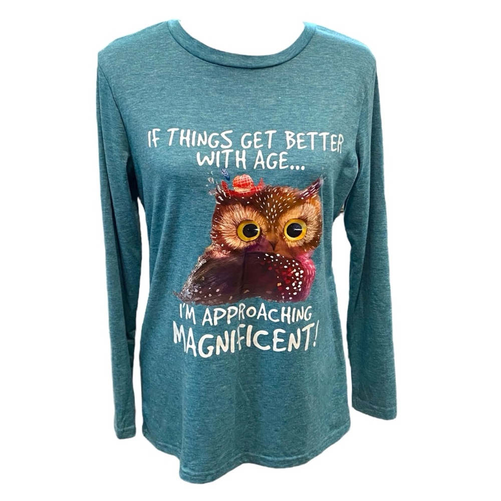 Beautiful Heathered Teal Long Sleeve Cute Graphic Owl Tee Size Small
